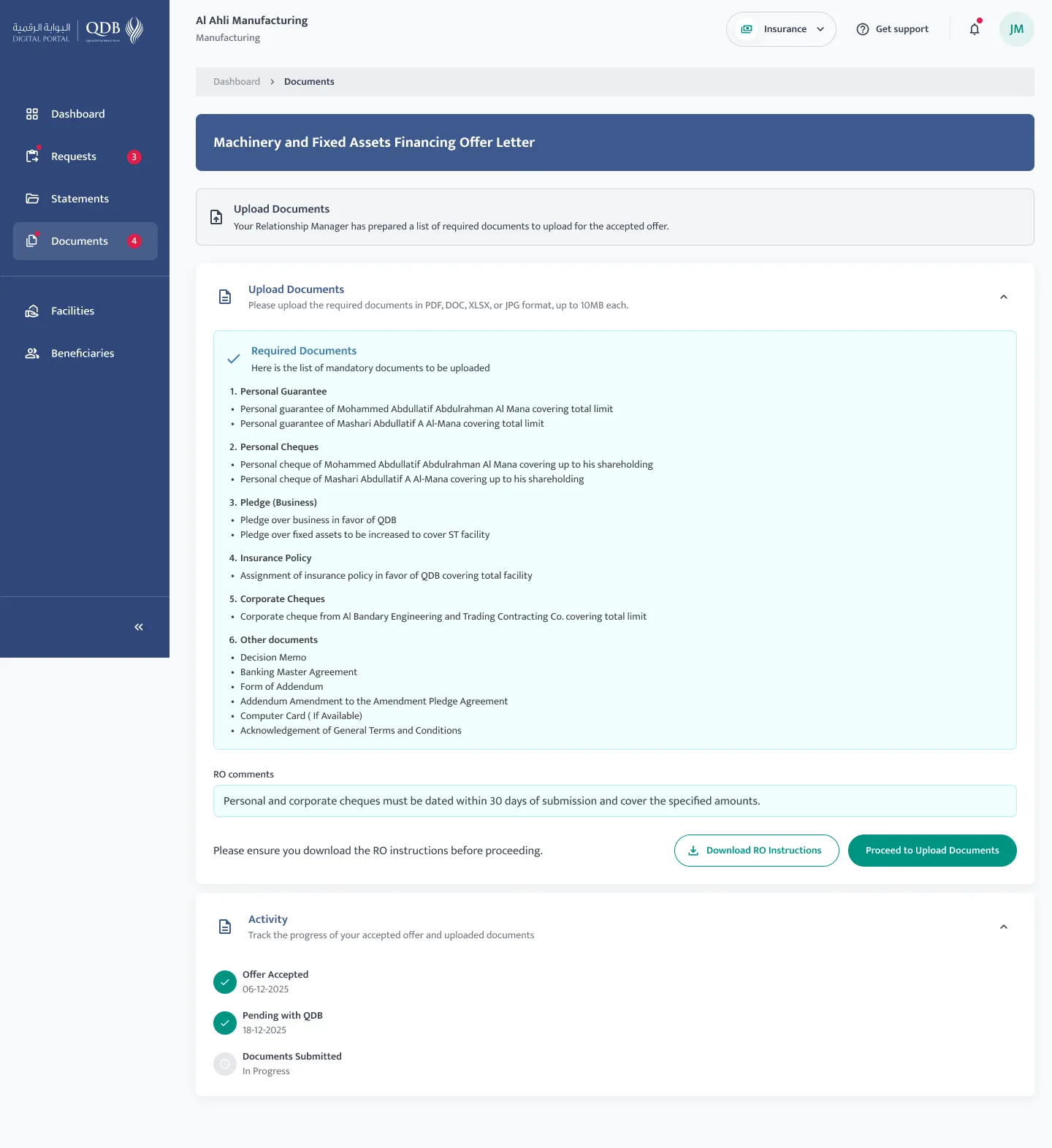 Required documents checklist UI for offer acceptance