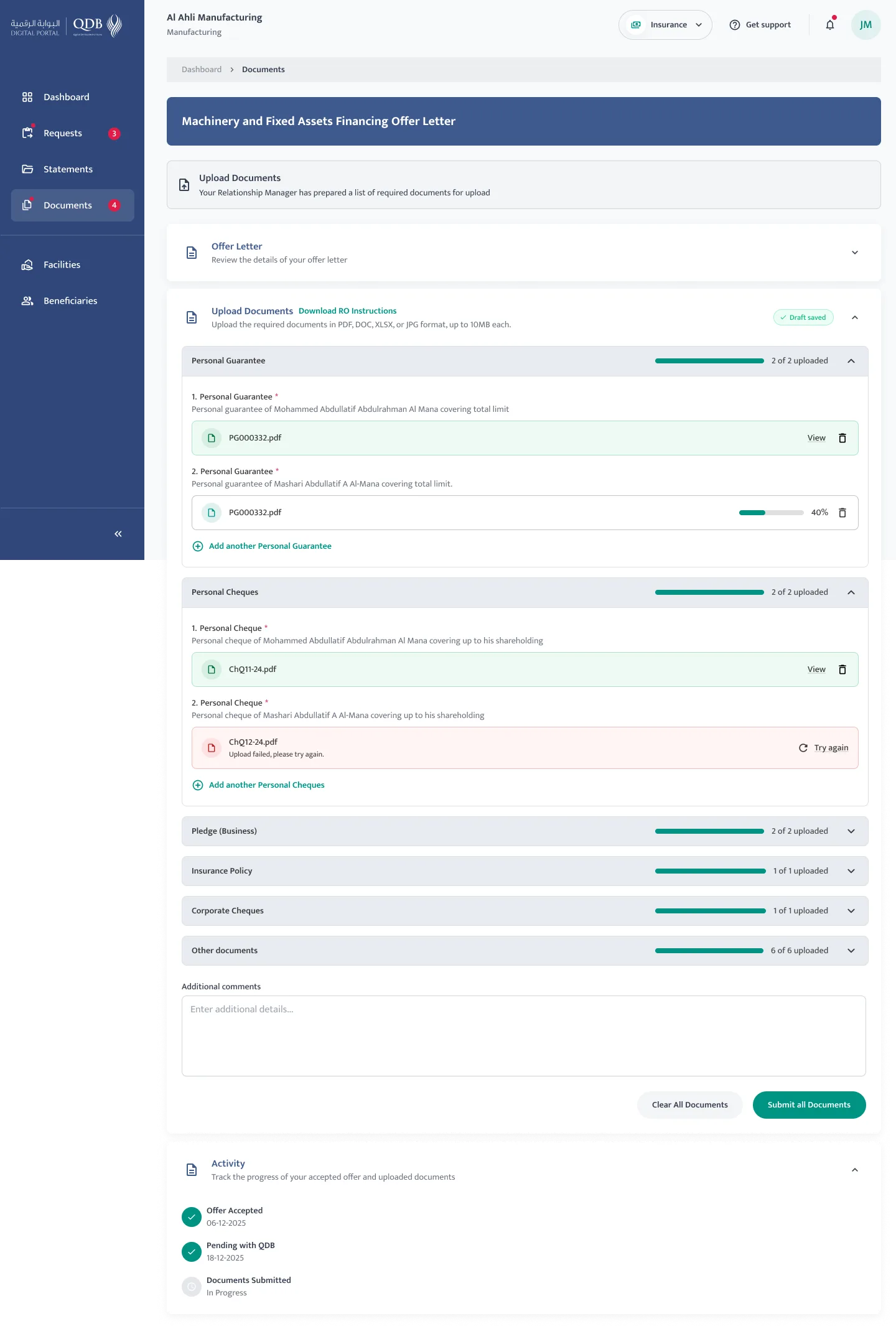 Document upload and submission UI for corporate financing