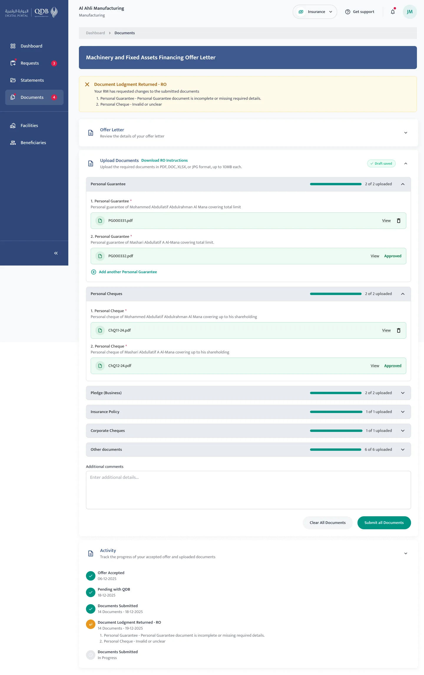 Returned documents screen with reviewer feedback UI