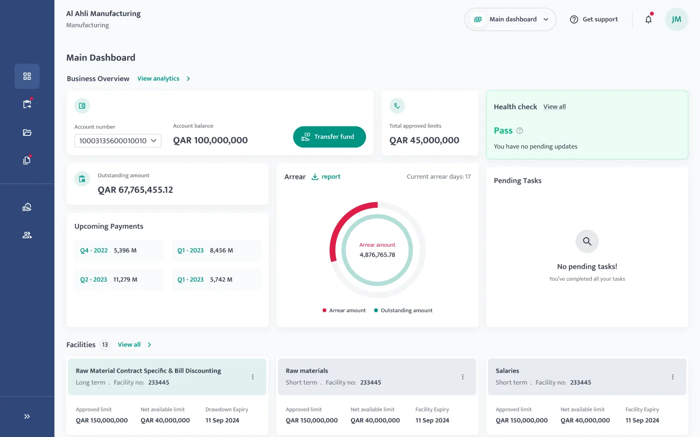 Corporate banking dashboard - fund transfer entry point