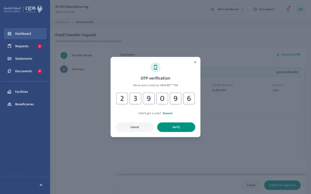 OTP verification screen for fund transfer approval