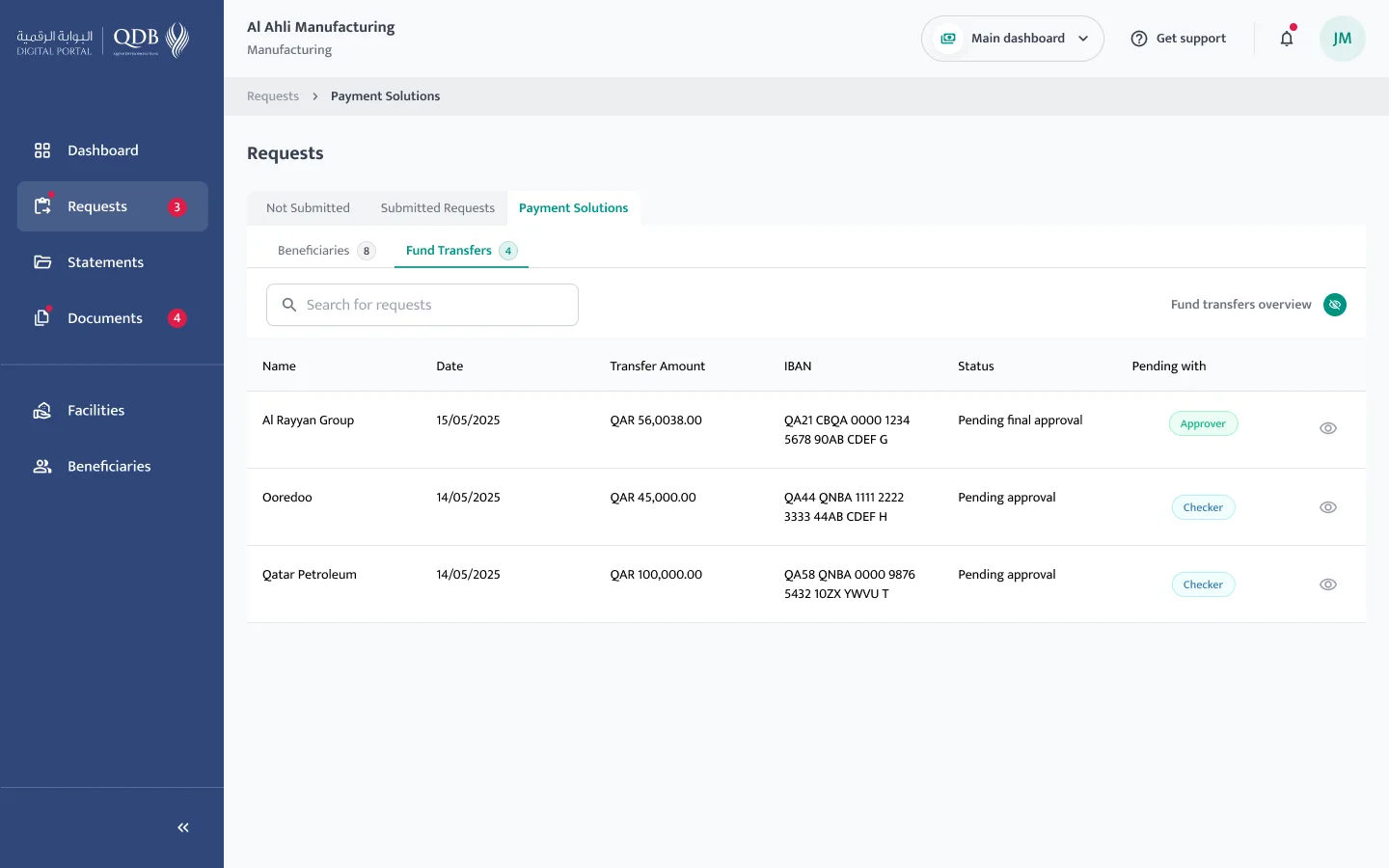 Fund transfer request status tracking UI