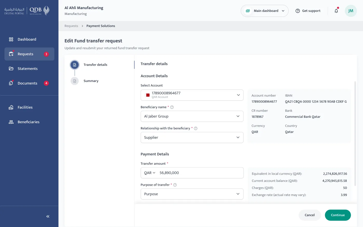 Edit and resubmit returned fund transfer UI