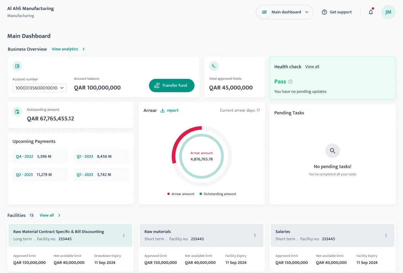 Corporate banking dashboard - fund transfer entry point