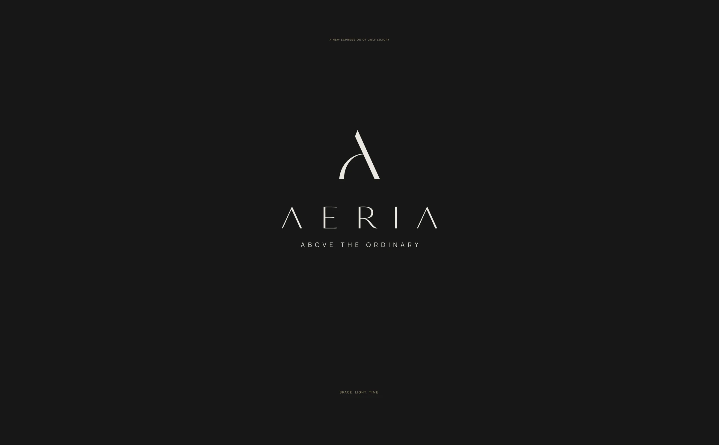 AERIA brand cover - the AERIA logo and 'Above the Ordinary' in Cloud on a Night background, with the lines 'A new expression of Gulf luxury' and 'Space. Light. Time.'