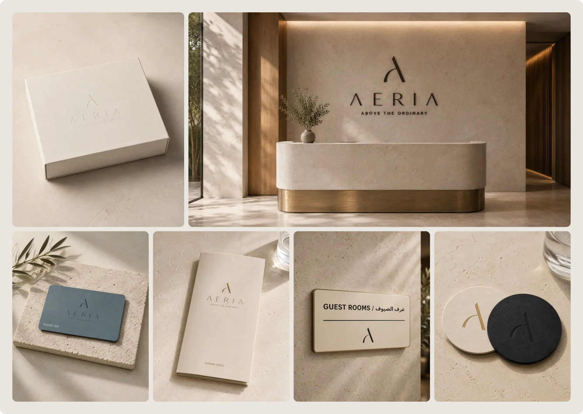 AERIA physical system overview - packaging, reception, key card, menu, signage and coasters