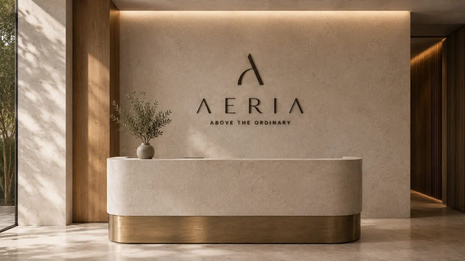 AERIA reception branding - dimensional logo on limestone wall